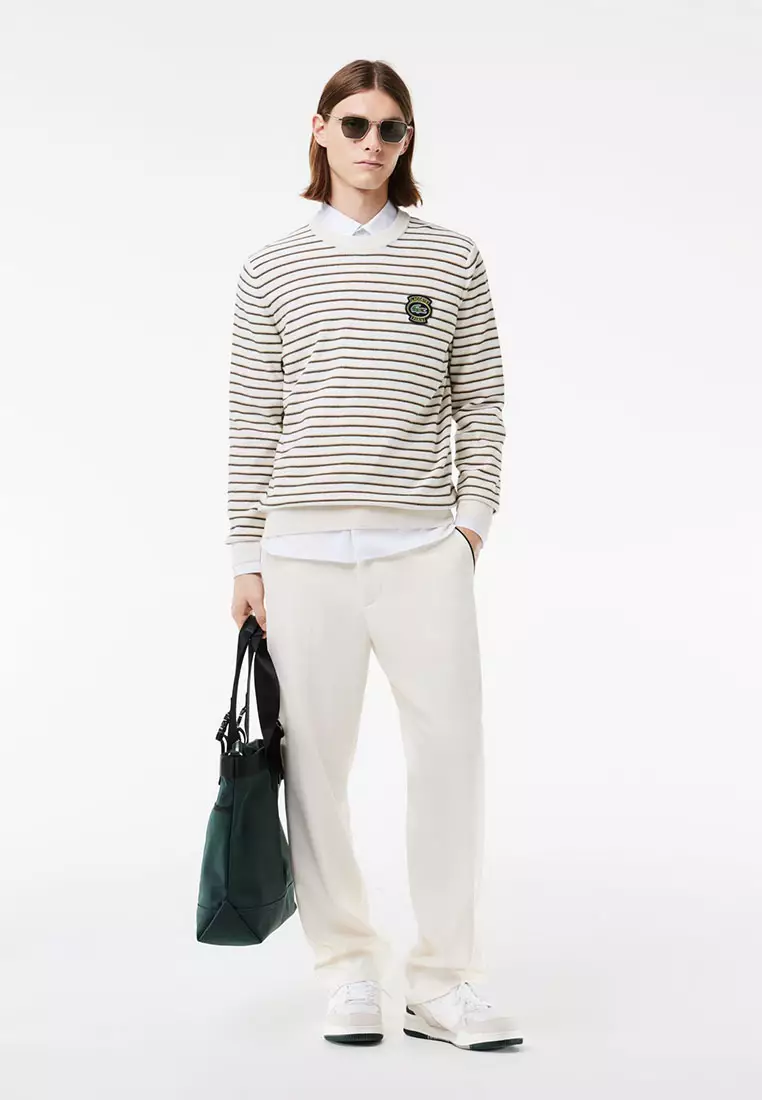 Striped Cotton Lacoste Badge Crew Neck Sweater