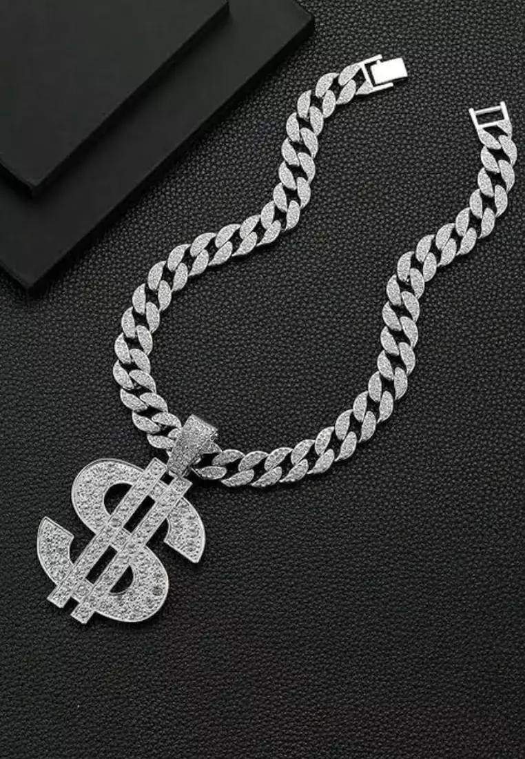 Aksesoris Pria Rhinestones Dollar Studded Kalung Pria Premium Stainless Steel Necklace Silver