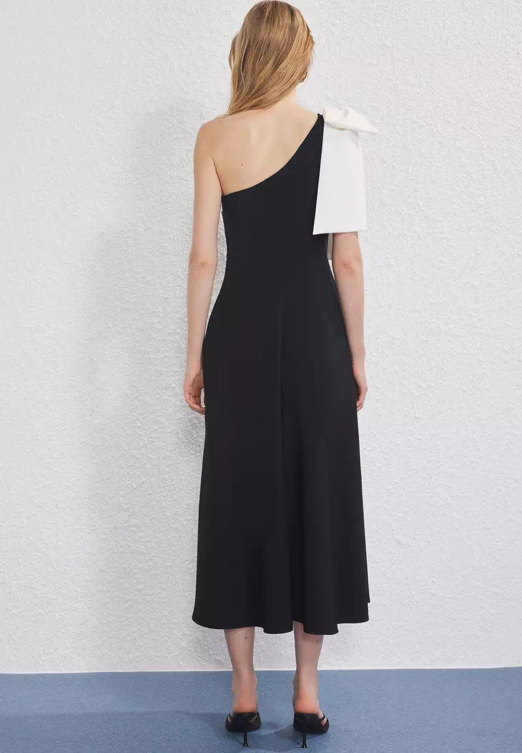 Black-White Bow Detailed Evening Prom Dress TPRSS25EL00290