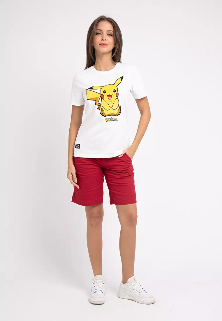 Forest X Pokemon Ladies Coral Fleece Textured Embroidered Pikachu Round Neck Tshirt Women - FP821000-02White