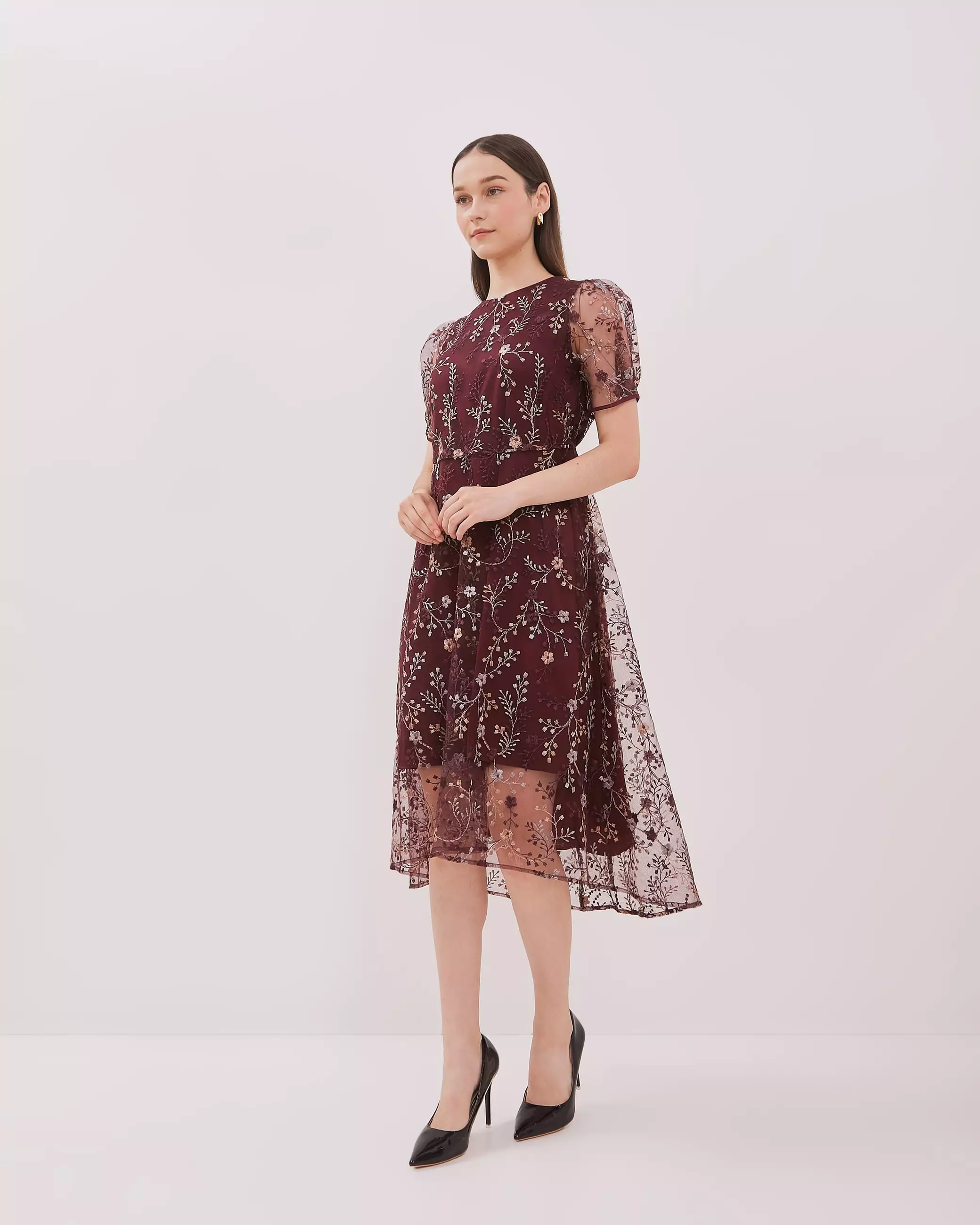 Urban Exchange Noella Burgundy Dress / Midi Dress Brokat Dress Natal Warna Burgundy