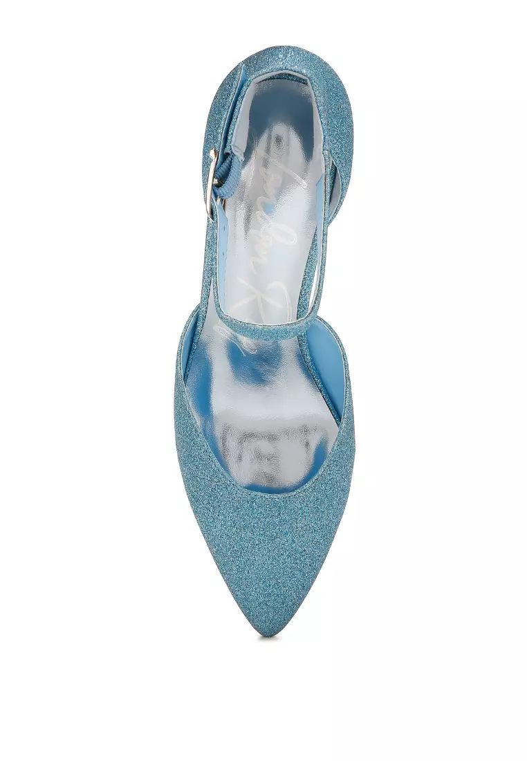Sandal Tumit Blok Berkilau Warna Biru