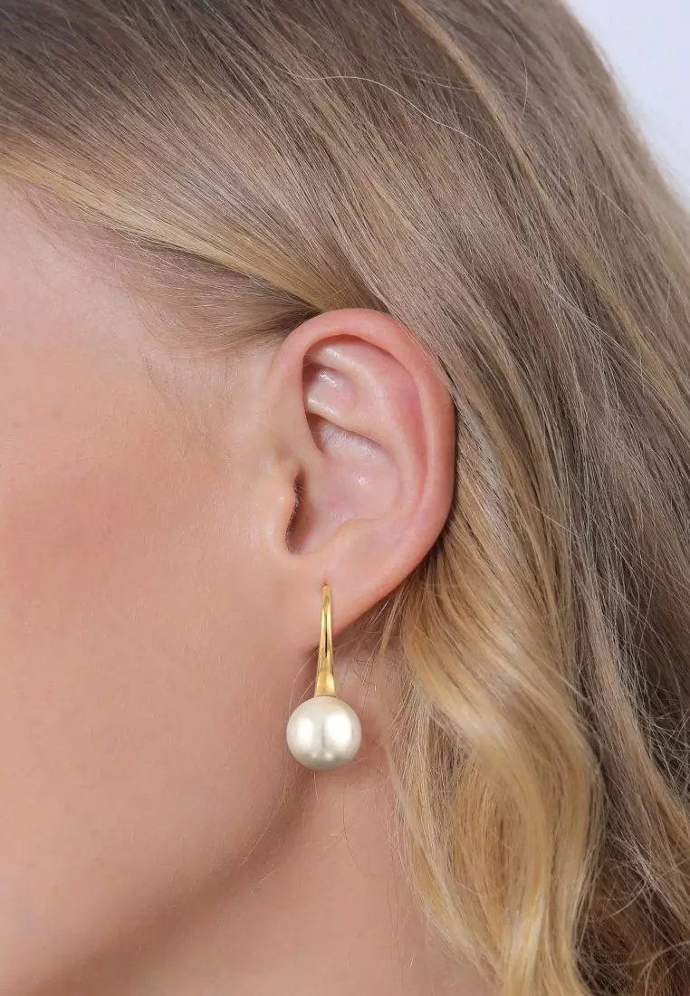 Anting Perhiasan Perak 925 Wanita Drop Classic Elegant Synthetic Pearl Gold Plated Embellished with Crystal by Swarovski®