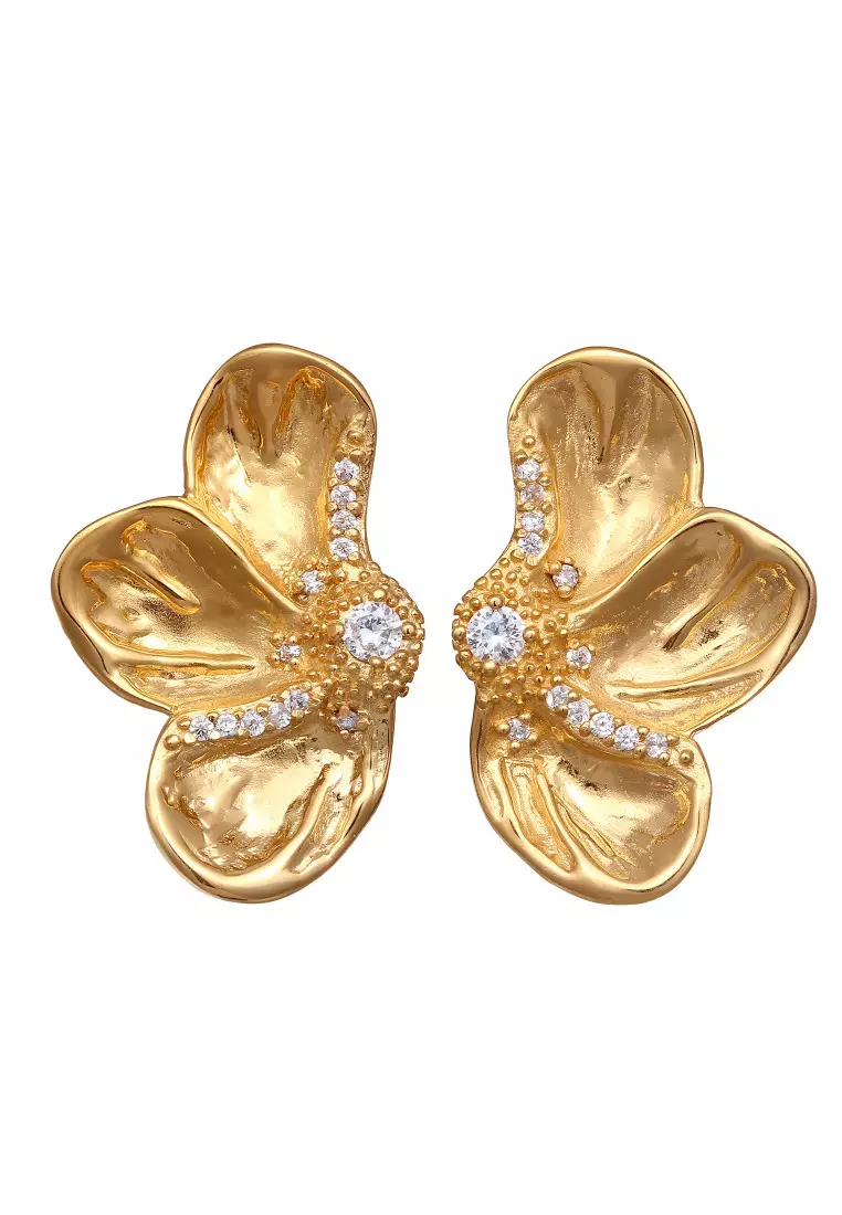Anting Perhiasan Perak 925 Wanita Flower Zirconia Gold Plated