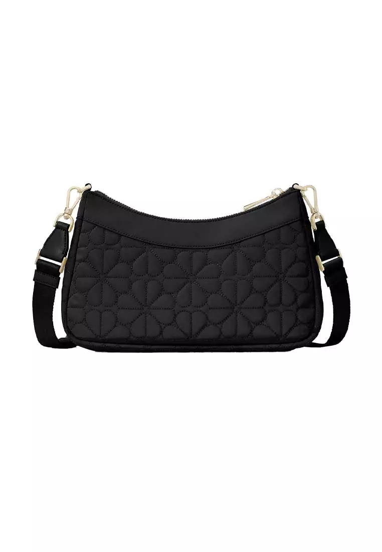Spade Flower Quilted Fabric Convertible Crossbody Bag Black KK077