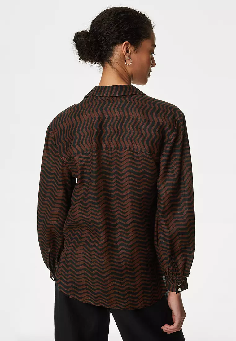 Pure Linen Printed Collared Popover Blouse