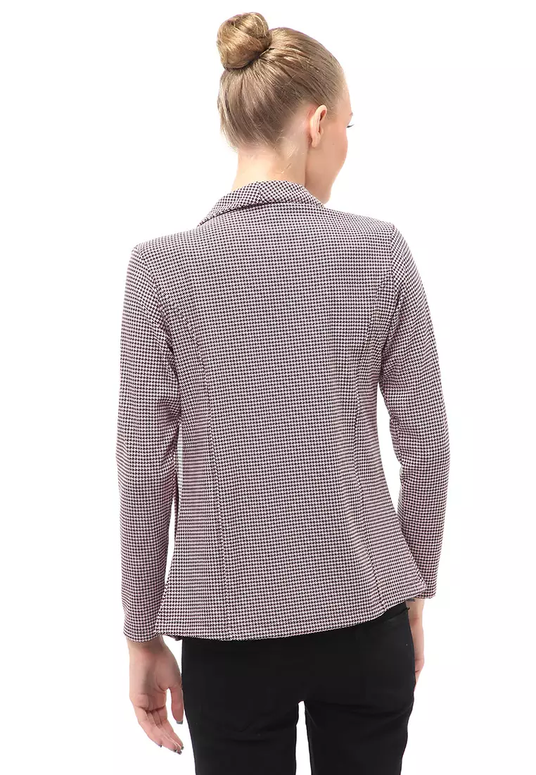 Blazer Wanita Lengan Panjang Outerwear Motif Kotak-Kotak Design Casual - Pink