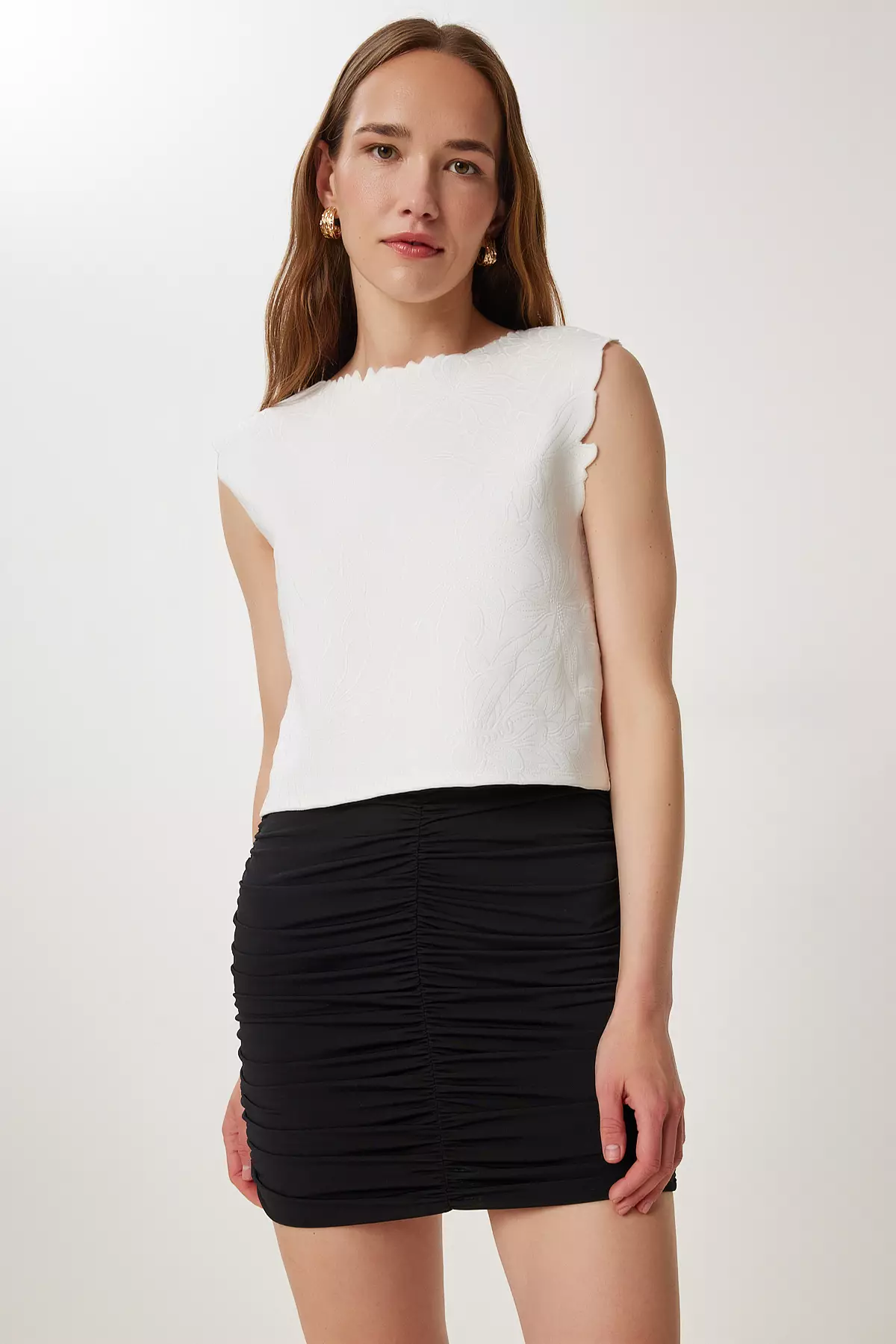 Women's Black Gathered Stretchy Mini Knitted Skirt Wf00131