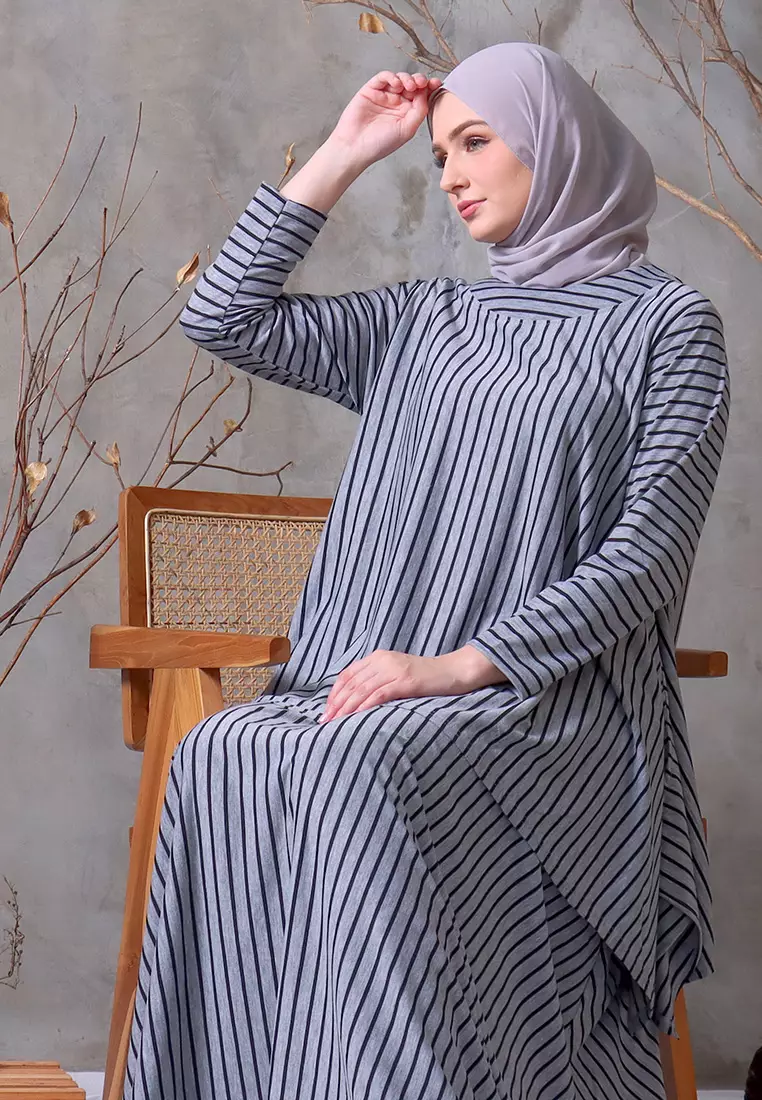 JV Hasanah Oneset Simple Stripes Grey | Setelan Rok Salur Layer Kanan Kiri