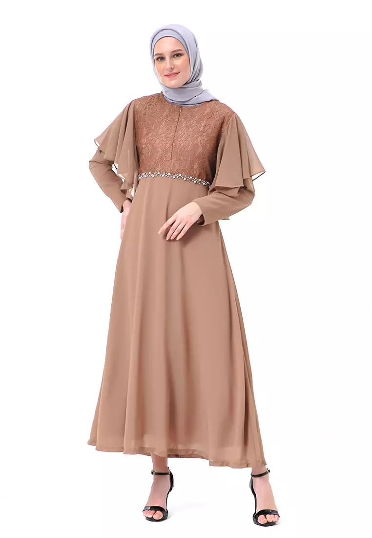 Hilda Dress Panjang Muslimah Wanita Long Sleeve High Quality Premium - Brown
