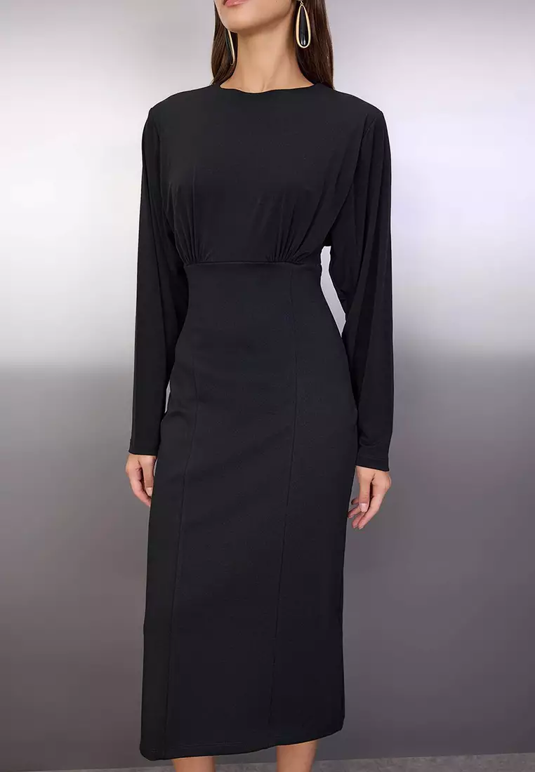 Black Plain Top Flowy Bodycon Midi Knit Dress