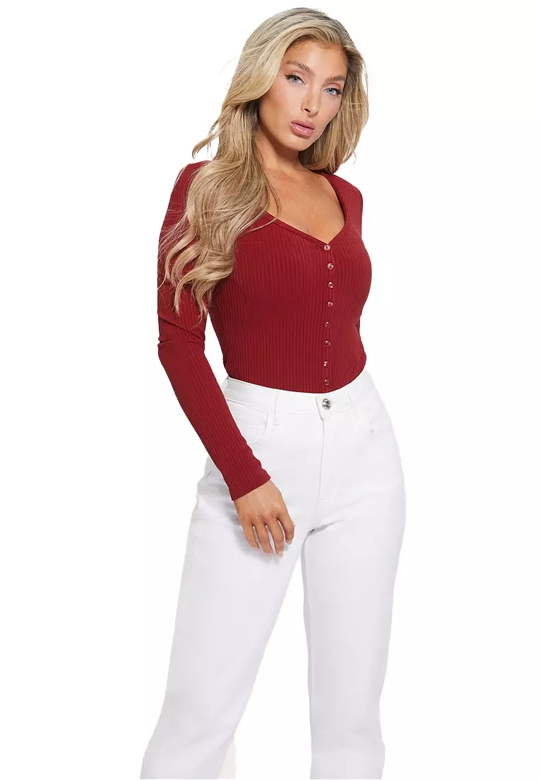 Guess Long Sleeve Lyra Dyed Henley Top In Red