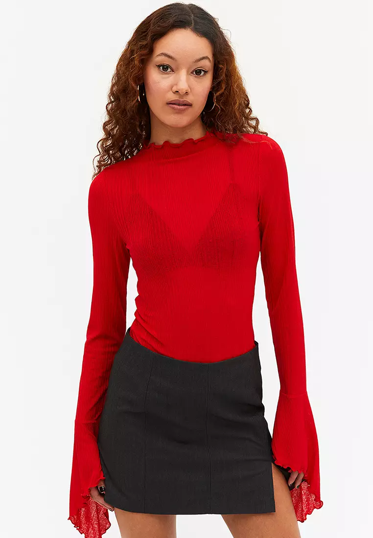 Buy Monki Ribbed Top With Bell Sleeves Online | ZALORA Malaysia