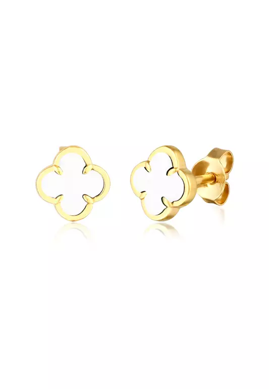 Earrings Stud Cloverleaf Enamel White Gold Plated