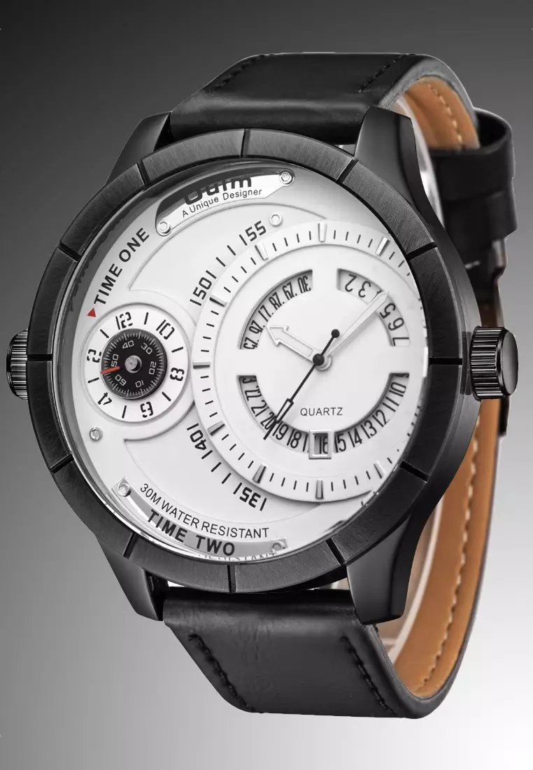 Very Large Men's Quartz Watch - 52x52mm - IP Black Steel case, White Dial, Black Strap