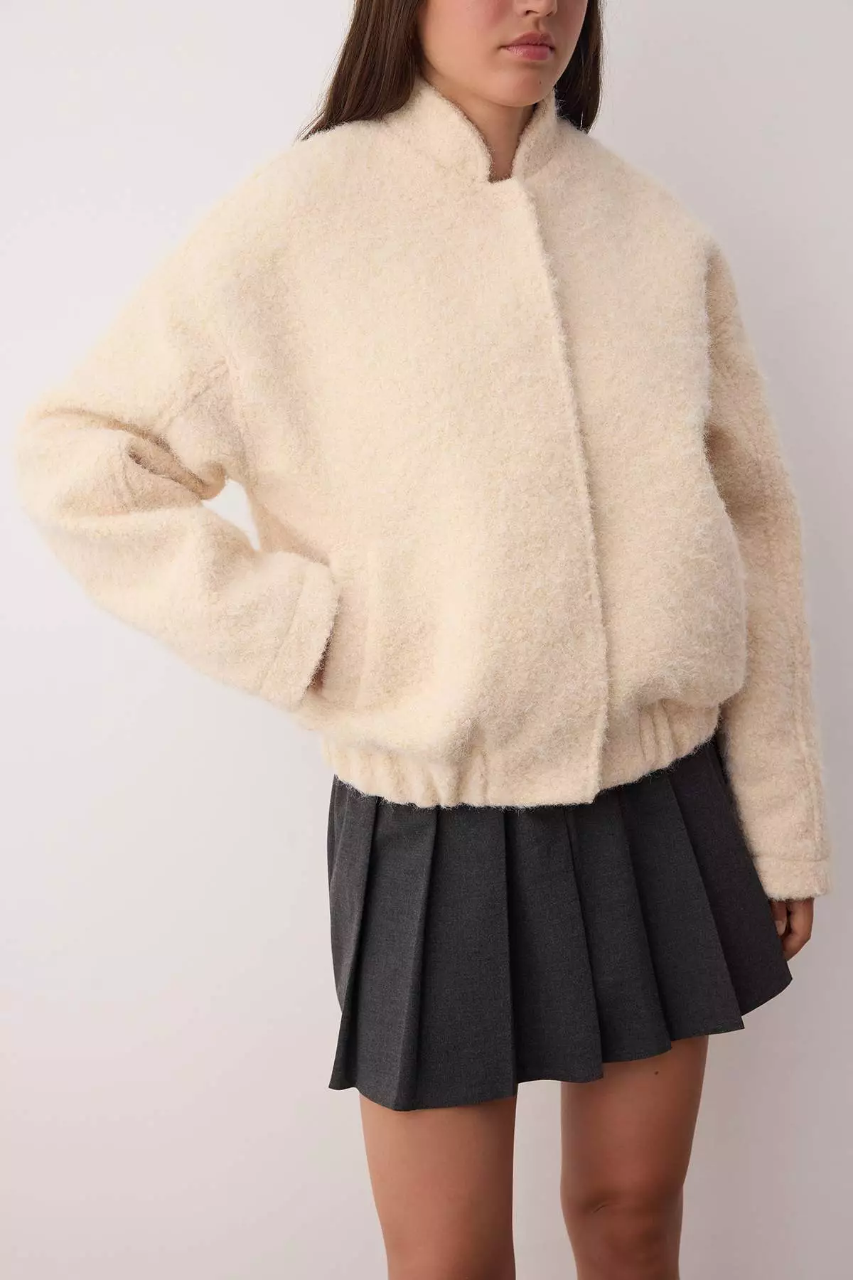 Ecru Regular Boucle Thin Jacket Coat