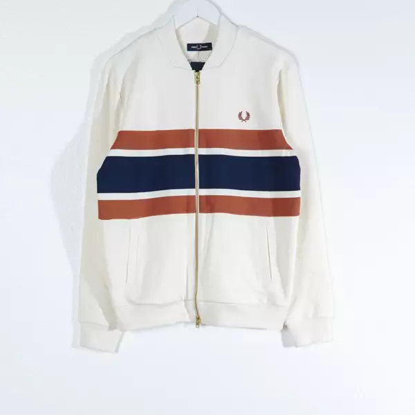 Jaket FRED PERRY STRIPE CENTER BROWN NAVY IVORY WHITE ZIP TRACK JACKET 100% ORIGINAL