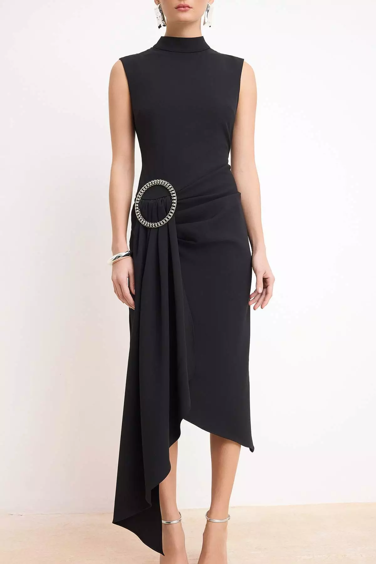 Black Accessory Detailed Woven Midi Dress Tprss26El66