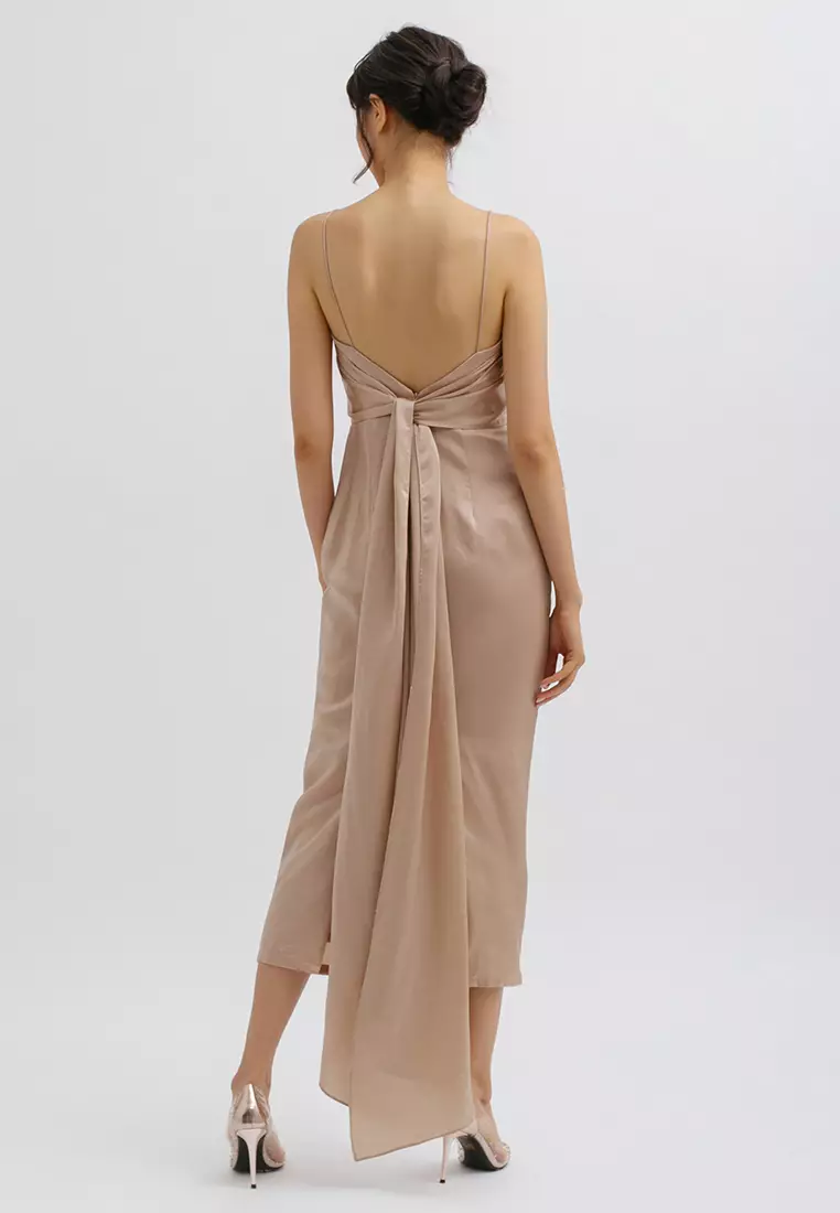 Square Neck Backless Tied Midi Dress in Gold