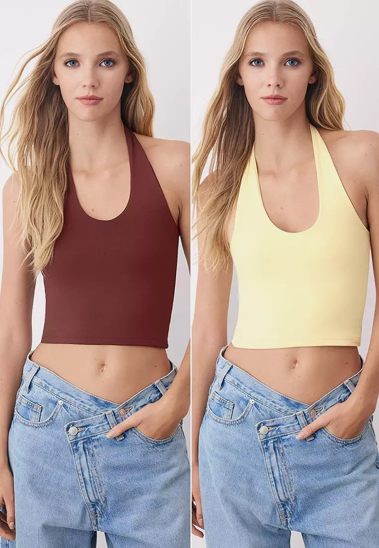 Yellow-Brown Neckline Crop Stretchy Knit Blouse Twoaw26Bz00251