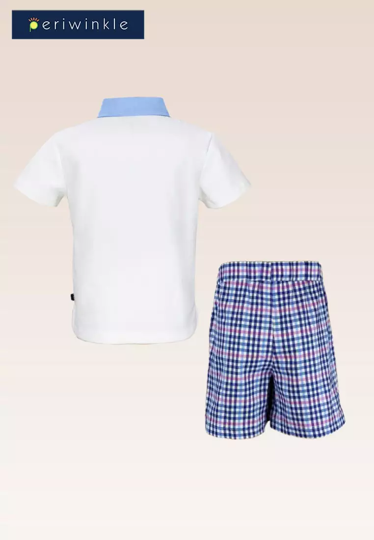 Caleb Boys Polo Shirt With Chambray Mix Fabric And Blue Checks Shorts