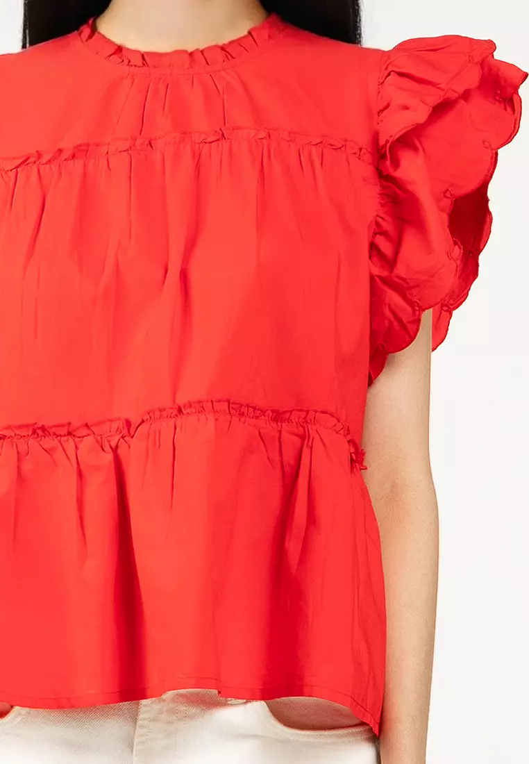 Sleeveless Crew Neck Frill Woven Top