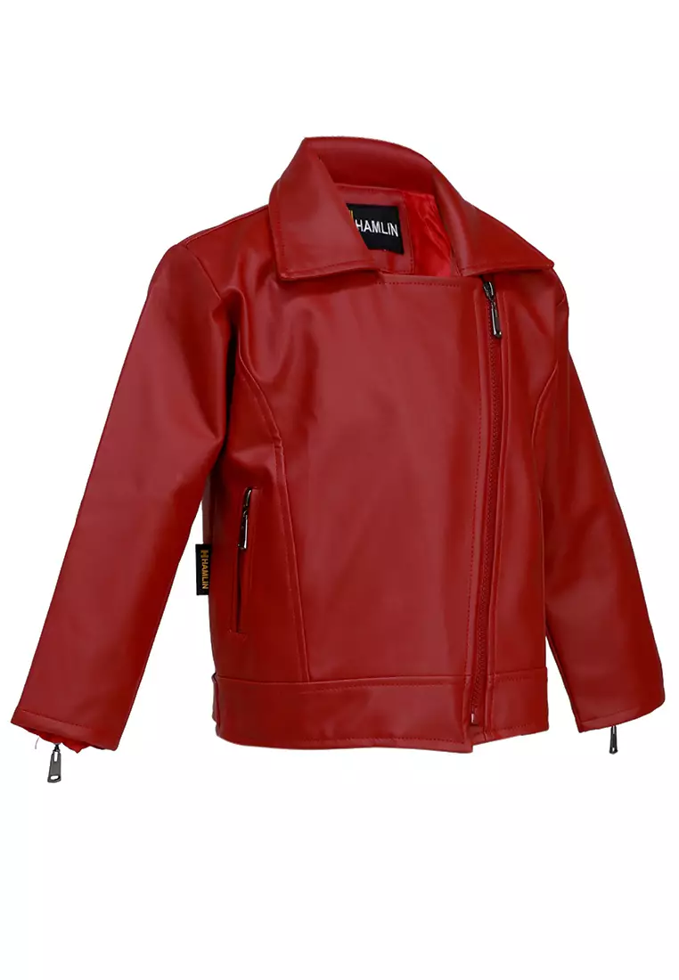 Fisca Jaket Kulit Anak Perempuan Zipper Design Motif Polos Material Leather ORIGINAL - Red