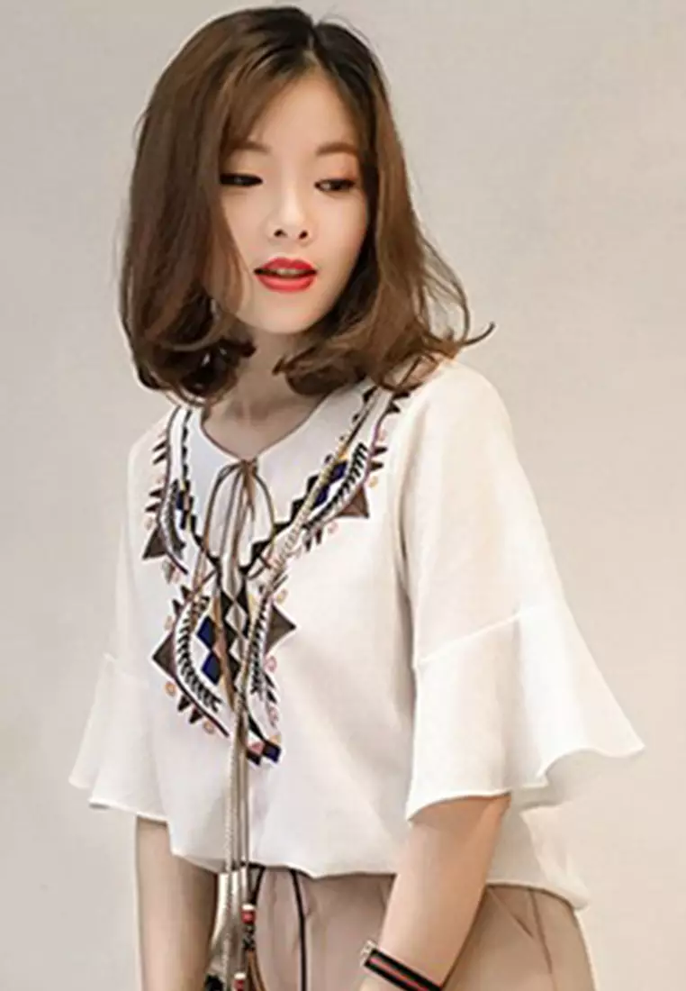 名族風刺繡荷葉邊雪紡衫上衣 A22022533W