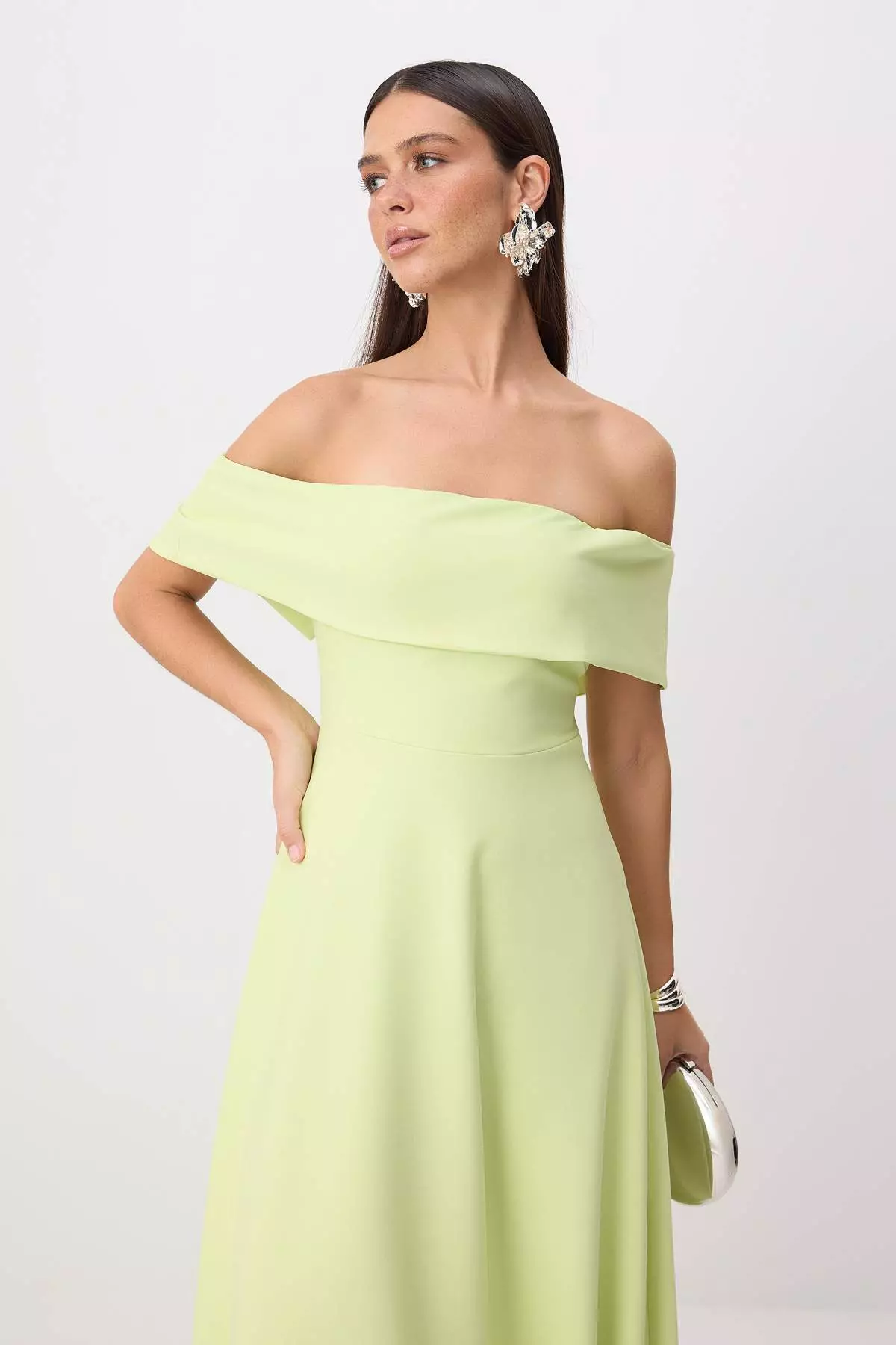 Light Green Straight Skirt Flared From The Waist Woven Finike Midi Unlined Stylish/Evening Dress