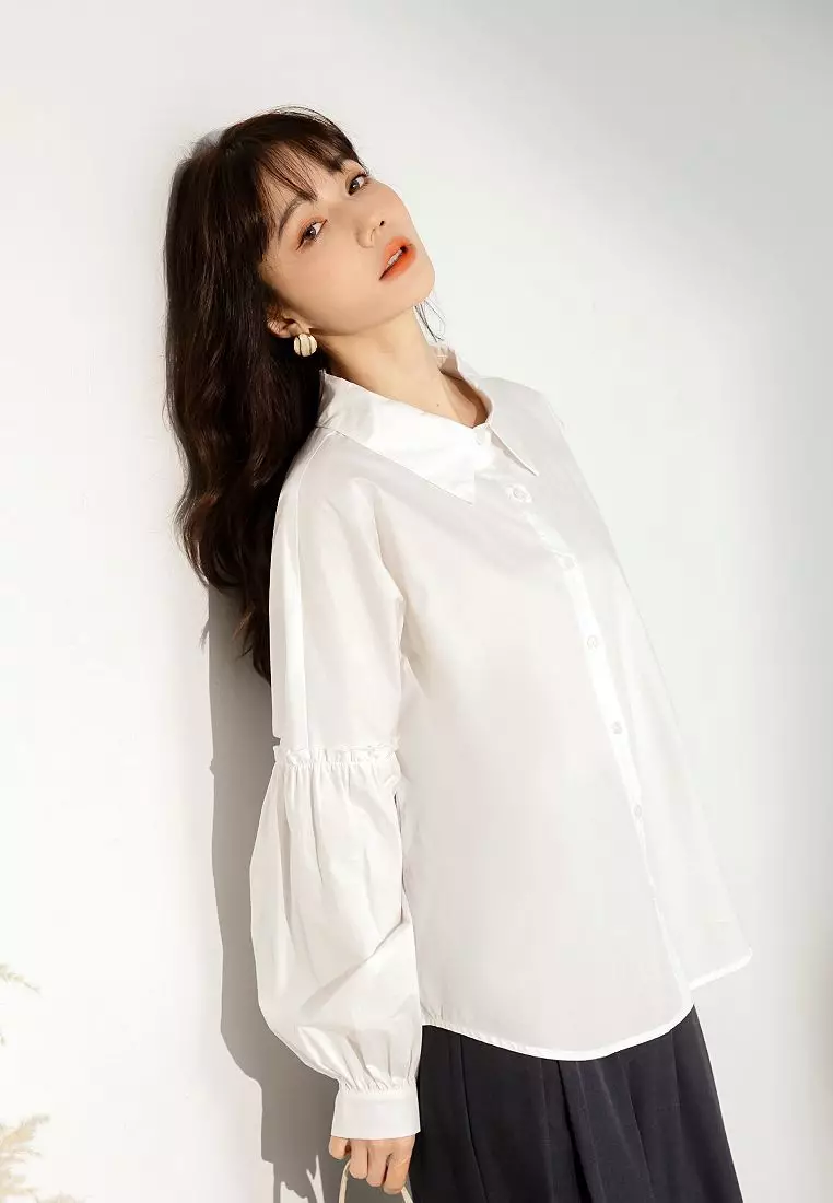 純棉小荷葉邊裝飾泡泡袖襯衫《AB19863》