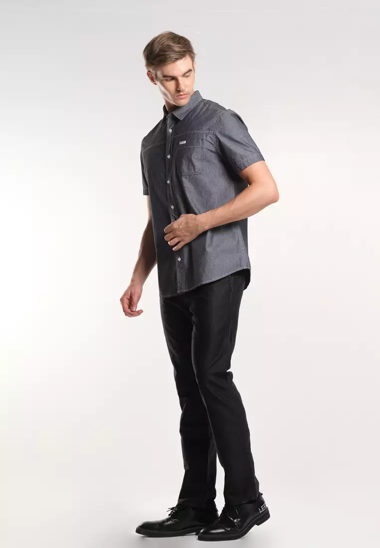 Button Down Short Sleeve Polo for Men in Black Color