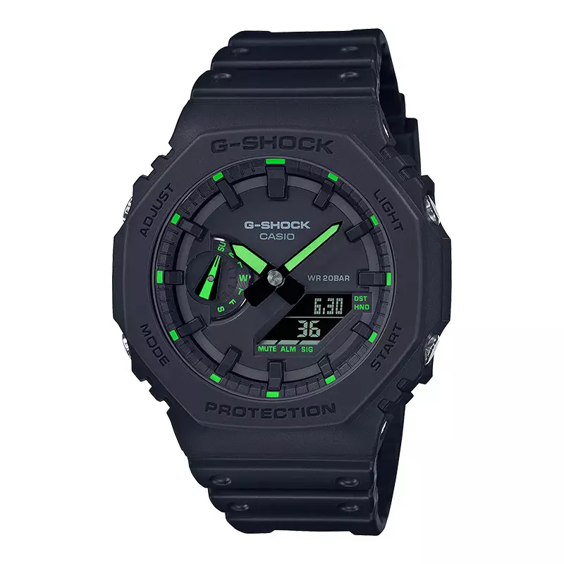 Jam Tangan Pria Casio G-Shock GA-2100-1A3ER CasiOak Neon Accent Series Men Digital Analog Dial Black Resin Band