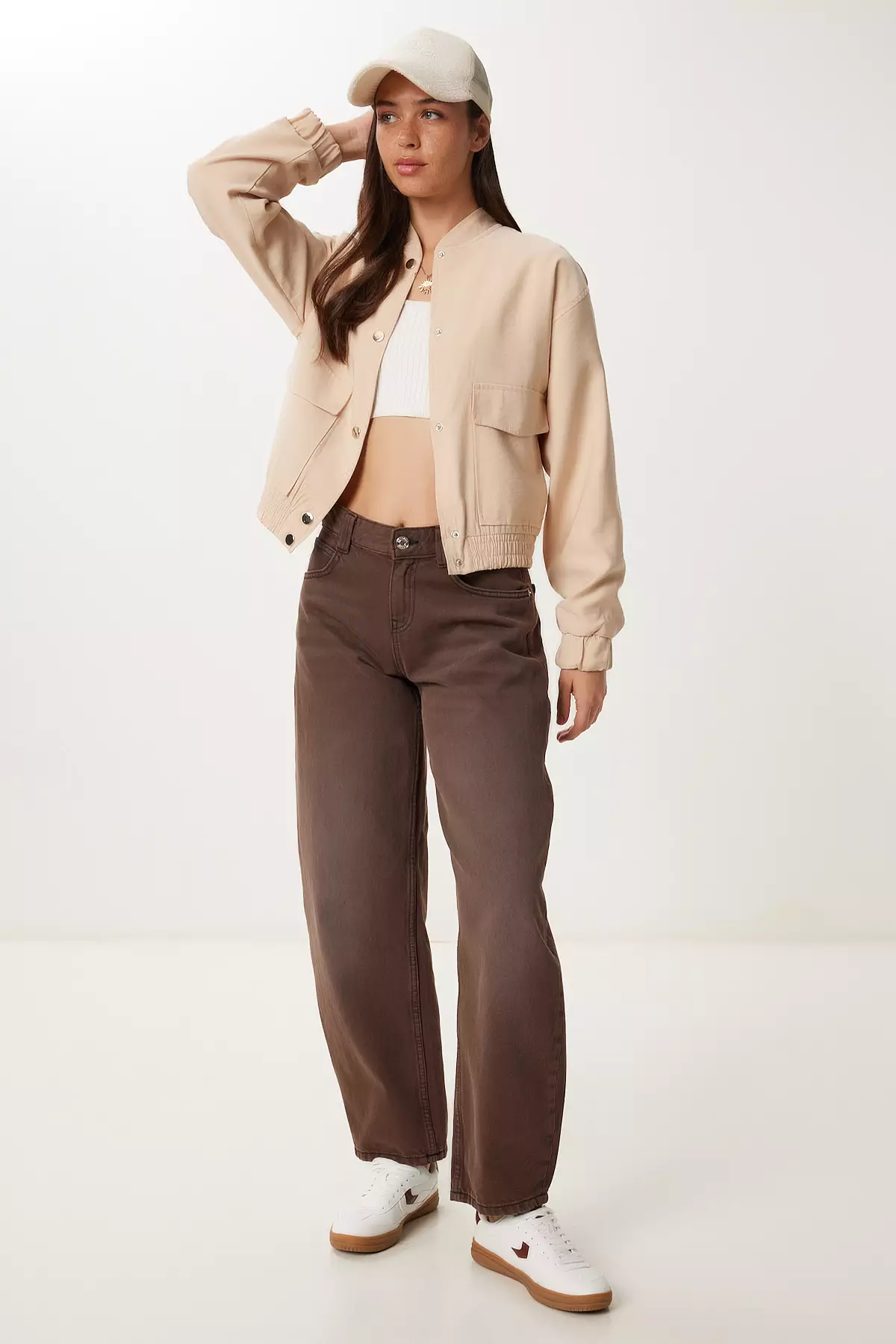 Women's Cream Gabardine Bomber Jacket With Flap Pockets Mx00235