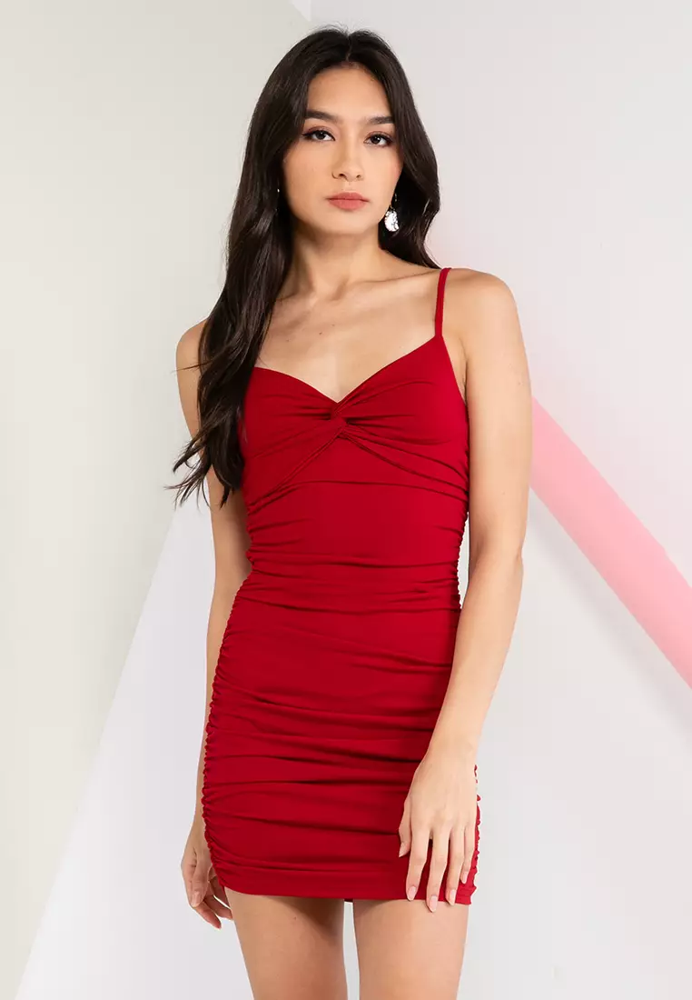 Red Spaghetti Strap Sleeveless Solid Ruched Bodycon Slip Dress
