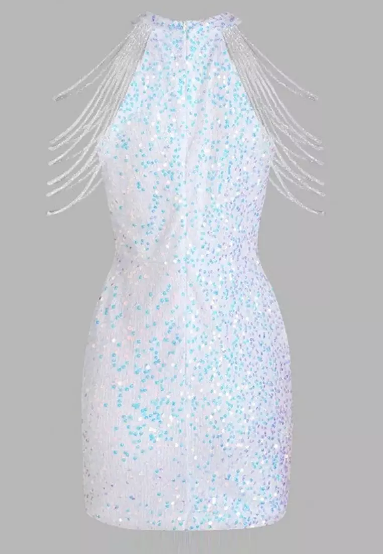 2025時尚掛脖性感水晶亮片流蘇連衣裙CA081626