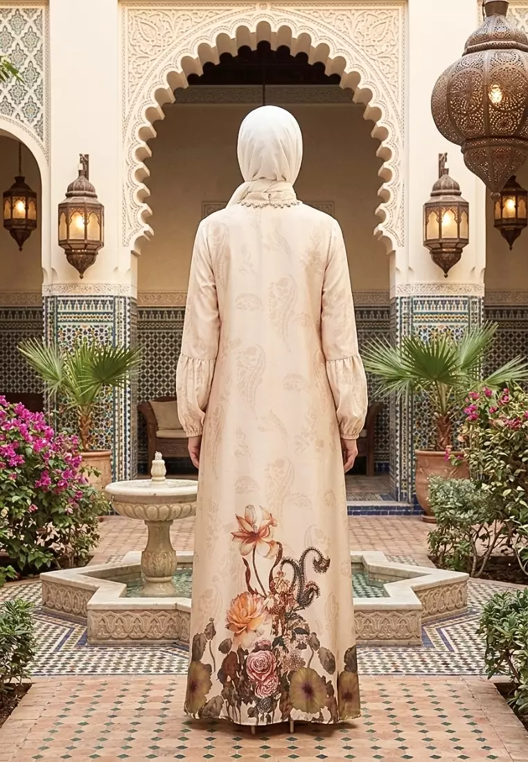 Gamis Wanita Motif Floral Elegan warna Cream Dress Muslimah Premium Lengan Balon Style Turki By Brilliant Girl Warna CREAM
