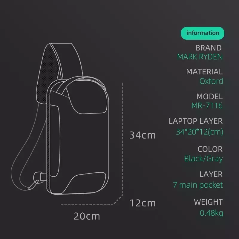 Mark Ryden MR7116 Tas Selempang Pria WaistBag Pria Sling Bag Pria Crossbody Bag TSA Lock - BLACK