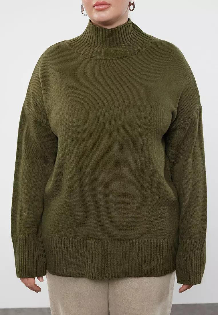 Khaki Turtleneck Off Shoulder Knitwear Sweater Tbbaw23An00136