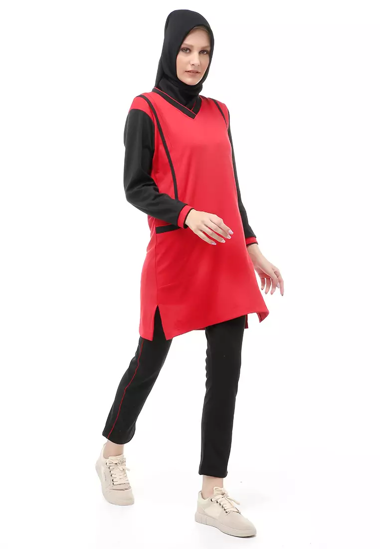 Kalila Baju Olahraga Atasan Bawahan Tunik Wanita Muslimah Relaxed Fit - RedBlack