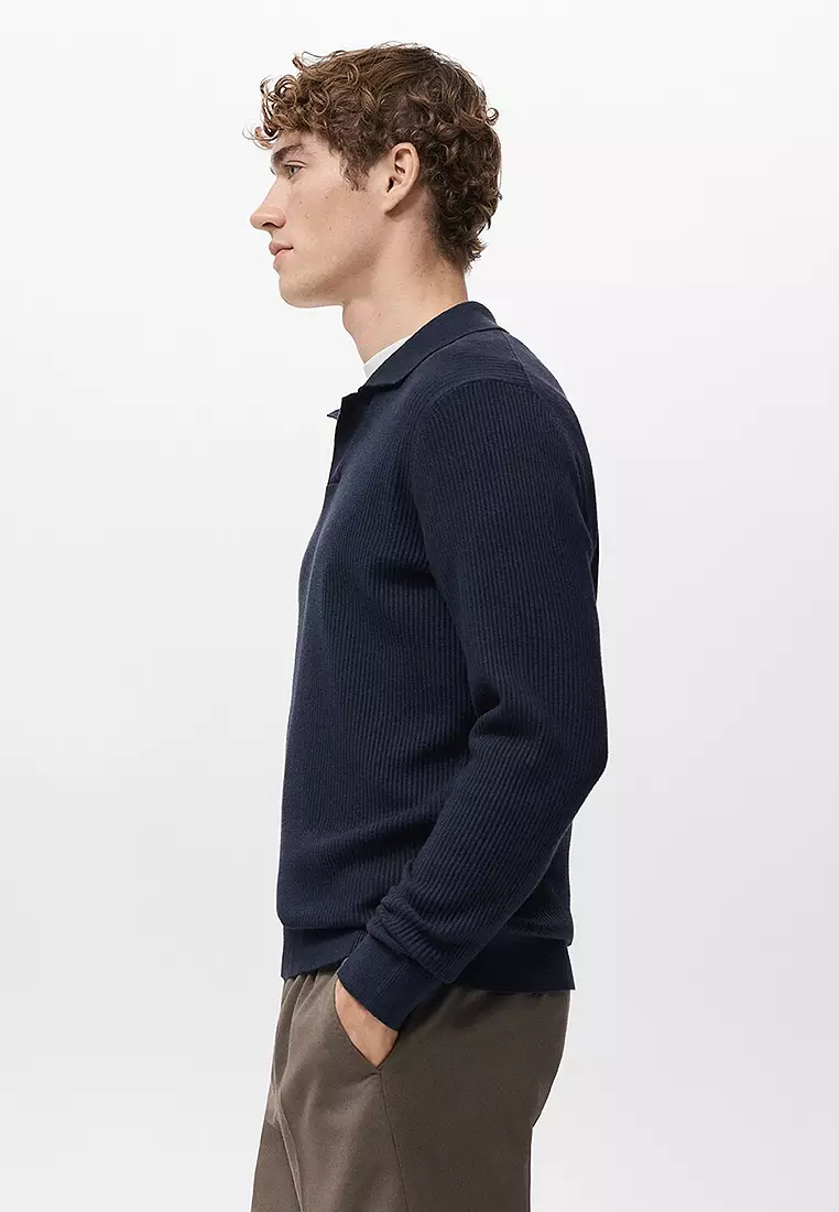 Cotton-Blend Ribbed Polo Sweater