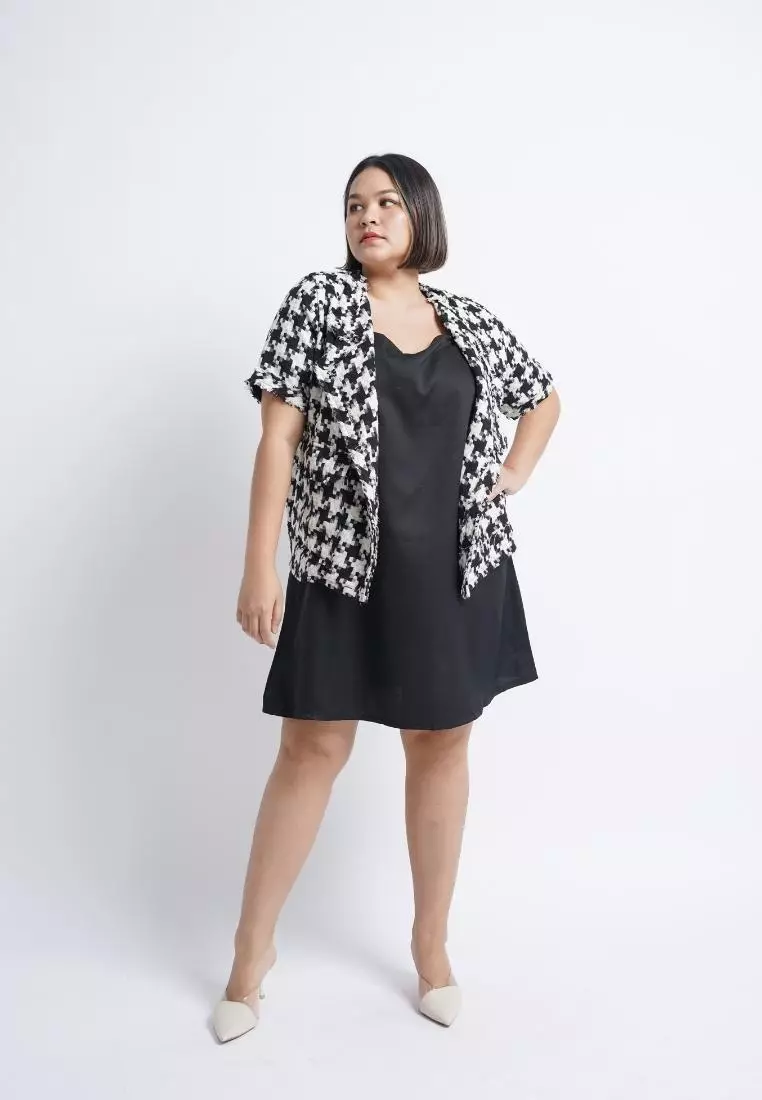 Plus Size Tweed Blazer Moon Black Big Houndstooth