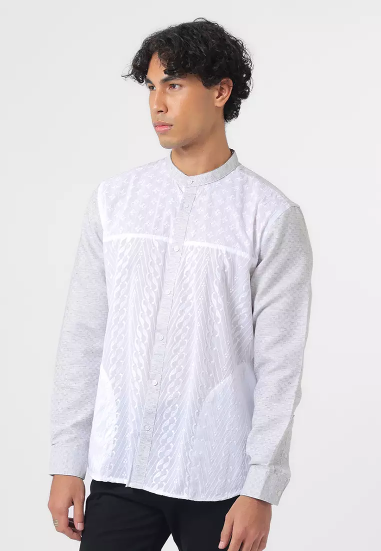 Kemeja Koko Pria Lengan Panjang Baju Muslim Pria SHARKU WHITE GREY