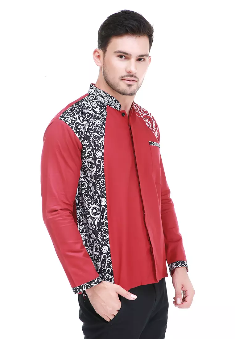 Dwan Kemeja Batik Pria Simple Atasan Formal Longsleeve Shirt Material Cotton ORIGINAL - Red