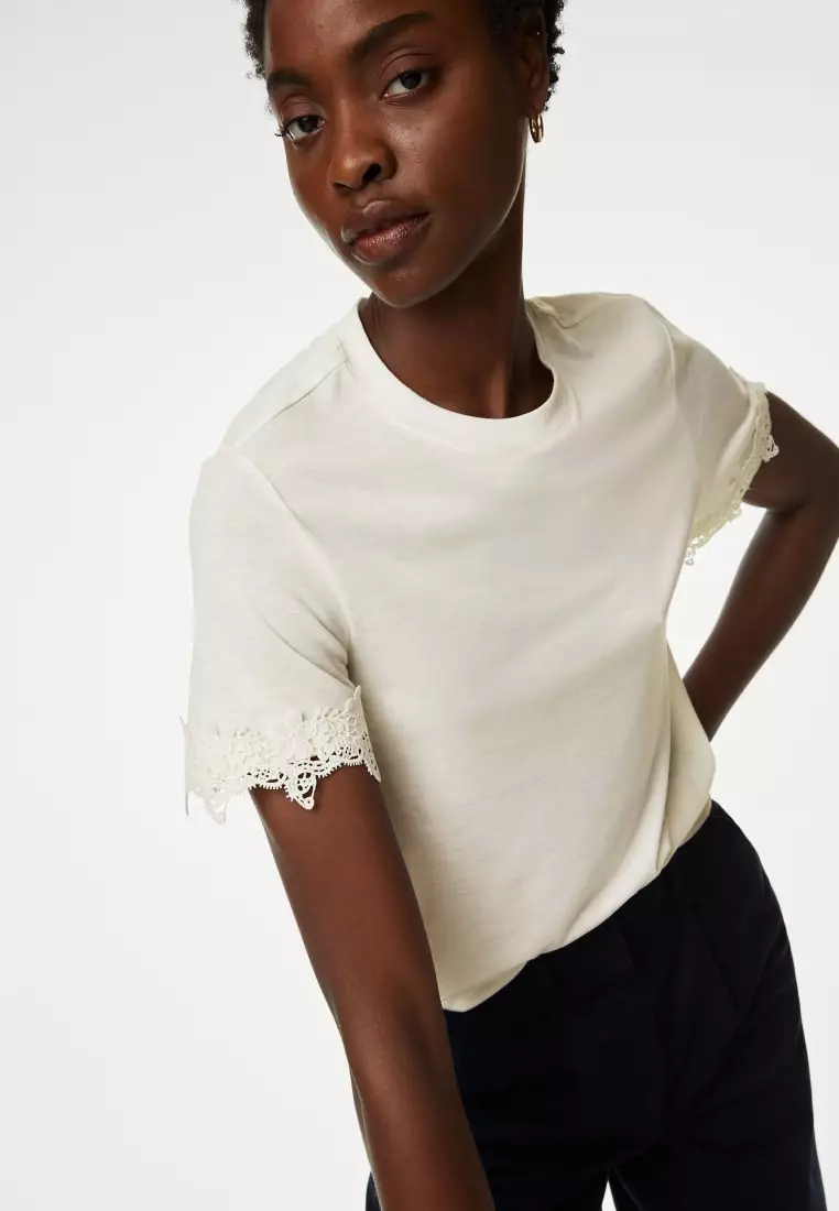 white t shirt with lace sleeves