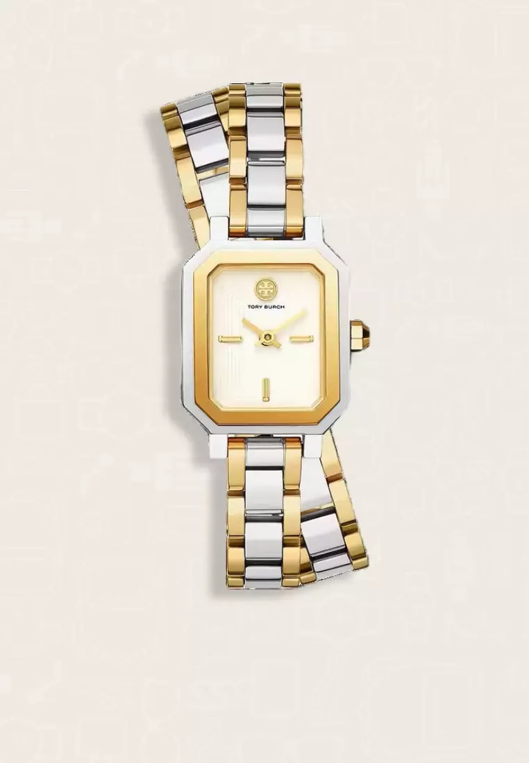 Jam Tangan Wanita Tory Burch Robinson Two-Tone Stainless Steel Double Wrap Bracelet Watch 22mm
