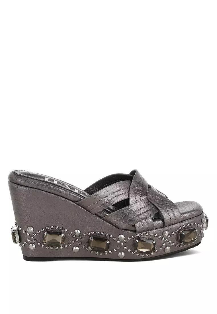 Discount on London Rag  shoes - SKU: Chunky Diamante & Rhinestone Cut-Out Sandals in Pewter