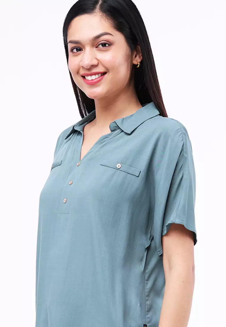 Buy Freego Ladies Woven Plain Soft Linen Short Sleeves Blouse 2024 ...