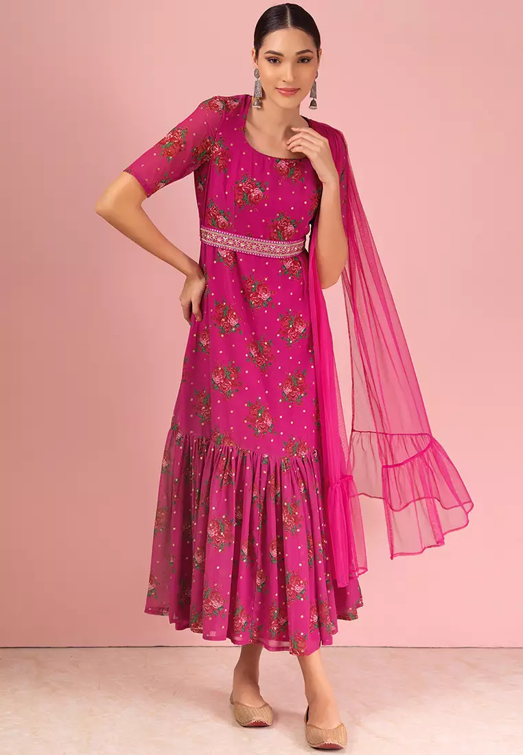 Hot Pink Foil Print Kurta With Attached Dupatta And Embroidered Belt