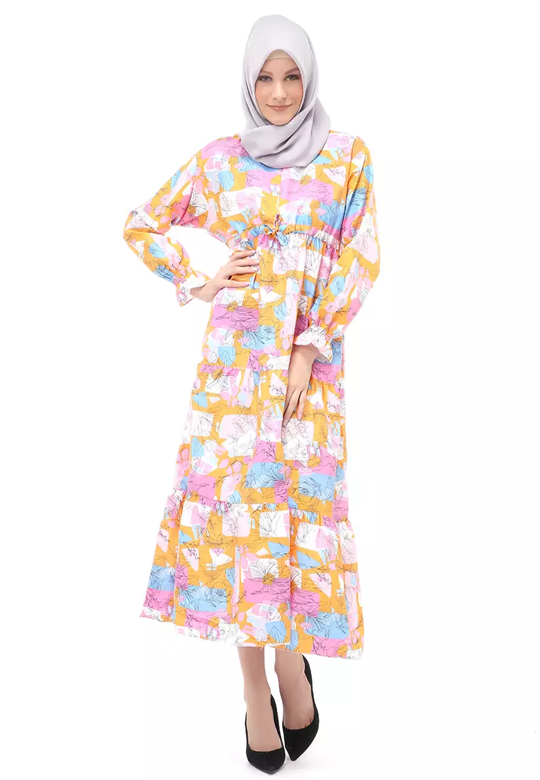 Zahra Gamis Muslimah Wanita Motif Garden Long Sleeve Comfortable To Wear - Orange