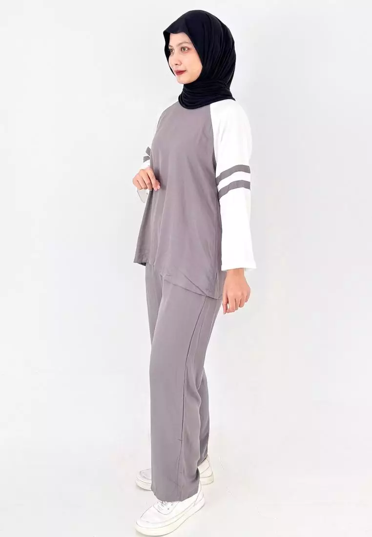 Set Katun Helmi (Setelan Piyama Lengan Panjang Wanita) Abu-Abu